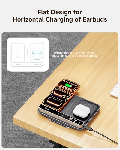 Dual Phone Foldable Wireless Charging Station for iPhone, Galaxy, Pixel | Dual phone charging, Foldable portable stand, Dimmable clock, Case friendly, Raised charging area, flat mode for earbuds, 504 - color: Black & Tech Grey