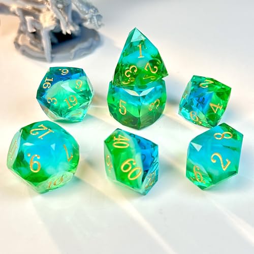 HAOMEJA Colorful Polyhedral Resin Dice Set, Hand-Cut Diamond Facet Optical Dice | Perfect for RPG, Tabletop & Board Games | Halloween, Christmas & Birthday Gift (Blue White Green) - color: 4 Blue White Green