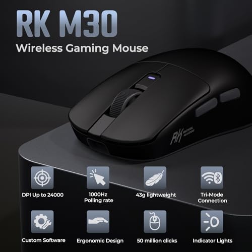 RK ROYAL KLUDGE RK M30 Wireless Gaming Mouse, 24000 DPI, 43g Ultra-Lightweight, PAW3311 Sensor, 2.4G/Bluetooth/USB-C Rechargeable Wireless Mouse with 5 Programmable Buttons for PC/Mac, Black Grey - color: black grey