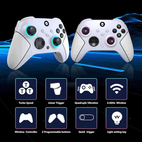 YUYIU Upgrade 2.4GHz Controller with 7 Colors RGB Light for Xbox Controller, Xbox One Series X|S,Consoles,Steam PC Windows, with 1000mAh Battery/Dual Vib-Ration/Turbo/Programmable, 3.5mm Audio Jack - color: Pearl White
