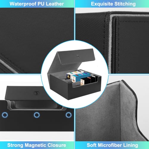 Trading Card Storage Box, Holds 1800 Sleeved Card, PU Magnetic Closure | 200 Toploaders and 600 Penny Sleeves INCLUDED, 10 Dividers and 6 Foam Stoppers INCLUDED, Fit for MTG, TCG and Sports Cards - color: Black and Grey