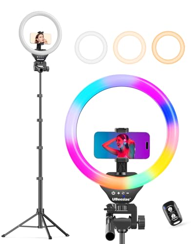 UBeesize 12'' LED RGB Ring Light with 62'' Tripod Stand, Selfie Ring Light for Video Recording, Live Streaming, TikTok & YouTube, Compatible with iPhone & Android - color: Black RGB, size: 12-in