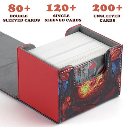 Deck Box for MTG Cards, Trading Commander Deck Case Holds 120+ Sleeved Cards, PU Leather Magnetic Collectible Card Storage Box Fits for TCG Magic Card (Red) - color: A-Red