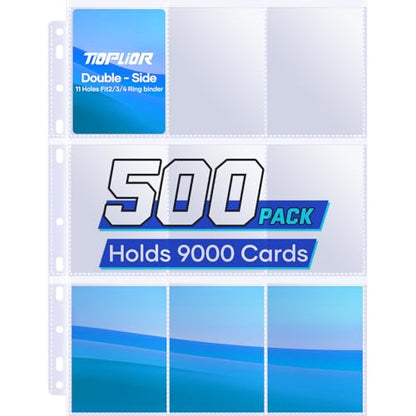 Tioplior 500 Pack Trading Card Sleeve Pages,9 Pockets Double Sided Binder Sheets for 3 Ring Binder,Hold 9000 Cards Fit for MTG,TCG,Baseball,Sports Standard Cards - size: 500