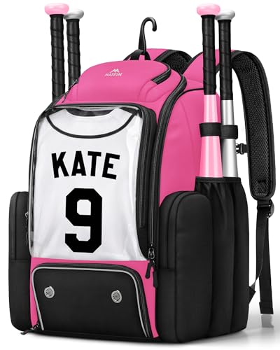 MATEIN PRO Youth Baseball Backpack for 4 Bats, Collapsible Shoe Compartment | Water Resistant, Large, Boys Baseball Bat Bag, Insulated Beverage Pocket, Clear Display Window, Storage Holds Glove, Helmet - color: Pink