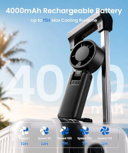 2 Pack Portable Mini Handheld Fan, 199-Level Speed, Black+White | 4000mAh Rechargeable Battery, Quiet, LED Digital Display, Personal Cooling Turbo Fan for Travel, Office, Makeup & Concerts - color: Black+White