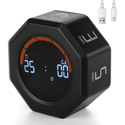 Small Productivity Timer - Pomodoro Timer with 3/5/10/25/60 Min Presets & Custom Countdown | Magnetic Rechargeable Digital Clock for Desk, Study and Games (Black) - color: Black
