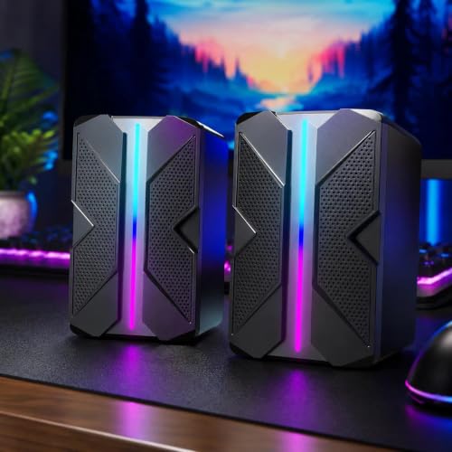 USB Computer Speakers with RGB Light, Compact Stereo Desktop Audio | Clear stereo sound with enhanced bass feel for music, movies, videos, meetings, and casual gaming.