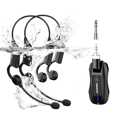 KIMAFUN IP67 Waterproof Wireless Fitness Microphone, 2.4G Lightweight Ergonomic Design Headset Mic Used in Swimming Pool, Fitness Sports, Yoga, Gym, Class, Speaker, Laptop, Tablet for 2 People, GWP92 - size: GWP92(2TX+1RX)