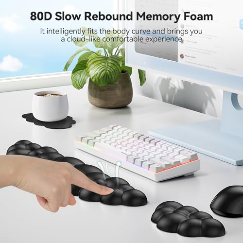 TECKNET Cloud Keyboard Wrist Rest Set, Cloud Wrist Rest with Non-Slip Base, PU Leather Wrist Pad for Keyboard with Ergonomic Memory Foam for Computer Laptop Office Gaming and Pain Relief, Black - color: Black