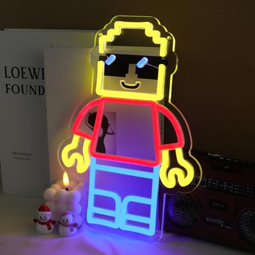 Building Blocks Man Neon Signs for Wall Decor - Block Figure LED Signs with Dimmer Switch, 8.7"x11.8", UV Printed, 5V Power Neon Lights for Boys Roo