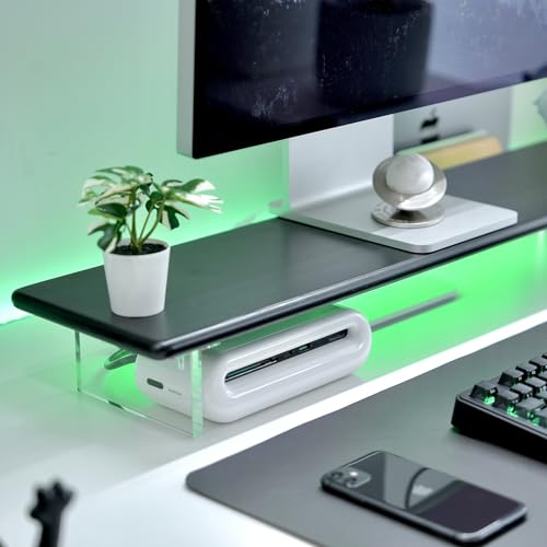 Bamboo Monitor Stand, Desk Shelf with Acrylic Legs and RGB Lights | 31.5-Inch Wide, 3.3-Inch Clearance, Fits Monitor, Laptop, Printer and Speakers for Small Desks - color: Black x RGB Light