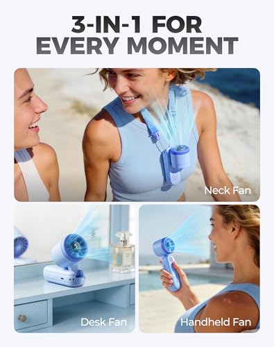 Diveblues Mini Handheld Fan, 30ft/s Portable Turbo Fan [12H Max Cooling], 4000mAh Personal Fan with LED Display, 3-in-1 Hand Held/Neck/Desk Fan for Travel, Cruise, Disney Essentials - color: Glacier Blue