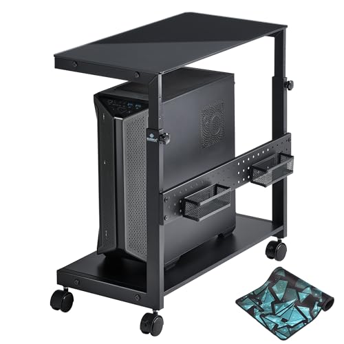 EUREKA ERGONOMIC PC Stand Computer Cart Frosted Glass, Height Adjustable Tower Stand 2-Tier Suit for ATX Case Printer, Metal Rolling Cart on Wheels for Gaming Home Office, Black - color: Frosted Glass Black