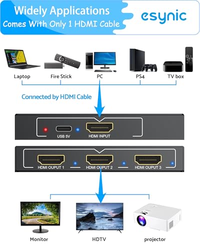 eSynic 4K@30Hz HDMI Splitter 1x3-1 in 3 Out HDMI Splitter for Dual Monitors-Plug & Play-Supports1080P 3D HDCP Bypass – for PS4/PS5, Projector, PC, TV, Office Conference -Only Mirror No Extend Mode - size: 1 in 3 Out
