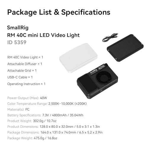 SmallRig RM 40C Mini LED RGB Video Light, 4800mAh Battery, LCD Display, Portable Camera Light for Tiktok Youtube Content Creators Photographer Gifts, 2500K-10000K CRI 96 TLCI 99, Magnetic Mount - 5359 - color: 40C RGB