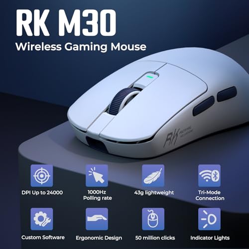RK ROYAL KLUDGE RK M30 Wireless Gaming Mouse, 24000 DPI, 43g Ultra-Lightweight, PAW3311 Sensor, 2.4G/Bluetooth/USB-C Rechargeable Wireless Mouse with 5 Programmable Buttons for PC/Mac, White - color: white