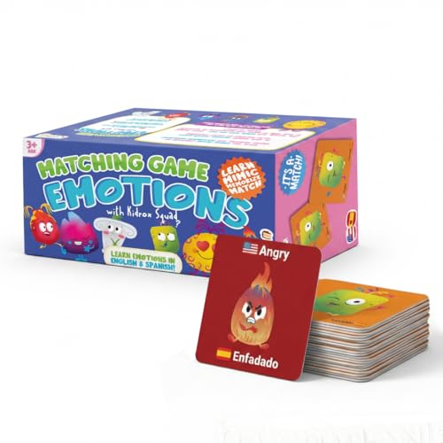 Kidrox Emotions Matching Game – Bilingual Memory Card Game in English & Spanish for Kids Ages 3+ | Learn & Mimic Emotions with Kidrox Squad | Premium Magnetic Box | 40 Tiles - style: Emotions