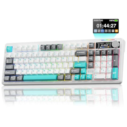 LINGBAO K98 PRO 96% Mechanical Keyboard Wireless, with Screen & Knob, Creamy Gaming Keyboard, Tri-Mode BT5.0/2.4GHz/USB-C, Gasket Mount Hot-Swappable Linear Switches RGB Backlit Gamer Keyboards for PC - color: K98Pro | 10000mAh | White Blue Grey