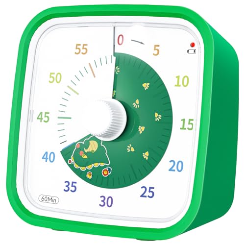 Dinosaur Visual Timer for Kids, 60-min Countdown Timer, Green | Protective Case, No Ticking, Mute and Ringing Alarm Available, Time Management Tool, Low Power Reminder, for Study,Game,Work - color: Green Dinosaur