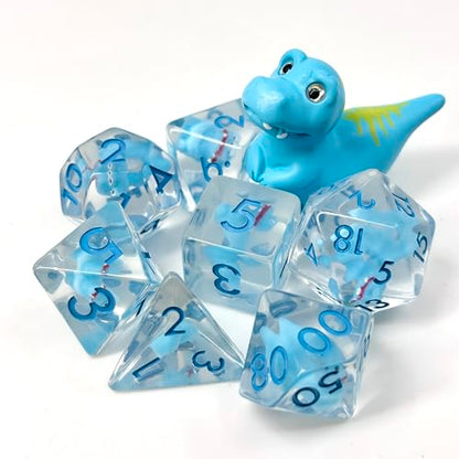 Sage's Portal Animal Familiars Resin DND Dice Set Polyhedral Dice Set for Dungeons and Dragons RPG Pathfinder Tabletop TTRPG (Blue T-Rex + Figurine) - color: Blue T-rex + Mini Figure, style: Dice Set +Mini Figure