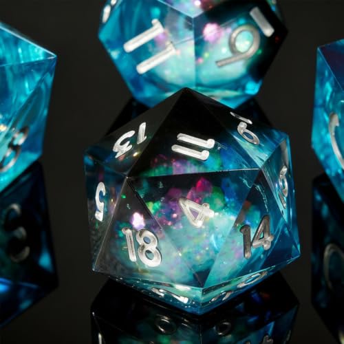 Polyhedral Dice Set,7-Piece Sharp Edge D&D Dice,Resin Liquid Core Dice for Dungeons Dragons D and D RPGs, MTG, Pathfinder and Board Games (Glittering Blue+White Numbers) - color: Resin Blue