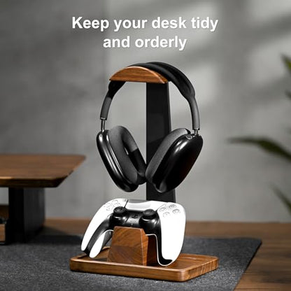 UPERGO Walnut Headphone Stand with Controller Holder & Storage Base | Solid Wood Grain, Gear & Charger Storage, Gamer Gift for PS5 Xbox Controllers, Desk Accessories