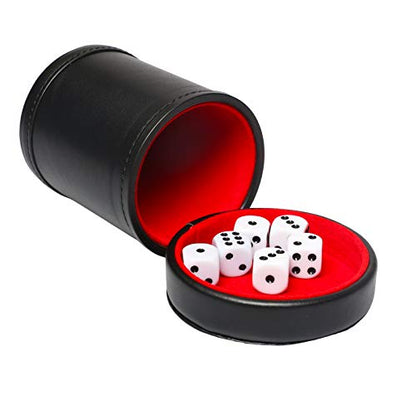 Leatherette Dice Cup with Lid, Red Felt-Lined Dice Shaker Includes 6 Regular Dice for Liars Dice/ Farkle/ Yahtzee/ Games, 1 Pack - color: Red