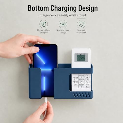 Strong Adhesive Wall Mount Phone Holder D3 Punch-Free Bedside Phone Shelf with Charging Port, Sticky Remote Control Storage Box, Bathroom & Kitchen Wall Organizer (2 Pack-Blue) - color: 2 Pack-B