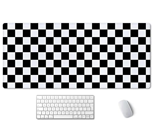 SSOIU Checkered Desk Mat Extended Gaming Mouse Pad (35.5x15.7 in), Large Stable Rubber Base Mousepad with Stitched Edges, Keyboard Mouse Mat Desk Pad for Work, Game, Office - Black White Checkerboard - color: Black and White Checkerboard