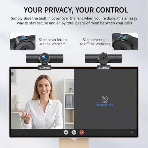 AIRHUG 2K 60fps Streaming Webcam with Dual Mics & Privacy Cover | Sony 8MP Sensor, PDAF Autofocus, 60° Focused View, Plug & Play for Online Meetings