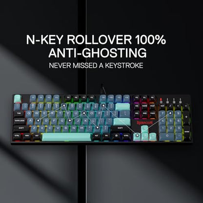 Redragon K582 SE Wired RGB Mechanical Gaming Keyboard, 104-Key, PBT Keycaps | 16.8M Color Immersive eSports Lighting Vibe, Quiet Keystrokes w/ Sound-Absorbing Foam, N-Key Rollover, Customize Software - color: Dark Jade