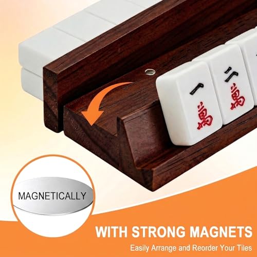 Wooden Mahjong Racks with Pushers Set of 4, 17" All-in-One Mahjong Tile Holders with Storage Bag – Perfect for Mahjong, Dominoes & Mexican Train (Natural Walnut)