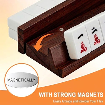 Wooden Mahjong Racks with Pushers Set of 4, 17" All-in-One Mahjong Tile Holders with Storage Bag – Perfect for Mahjong, Dominoes & Mexican Train (Natural Walnut)