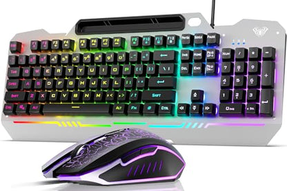 AULA Gaming Keyboard and Mouse,Wired 104-Key Mouse and Keyboard Combo Metal | Full Size Computer Keyboards with Number Pad,New Update Version,RGB Backlit Anti-Ghosting PC Keyboard for Laptop WinXP/7/8/10 - color: Black Keycaps + Silver Panel