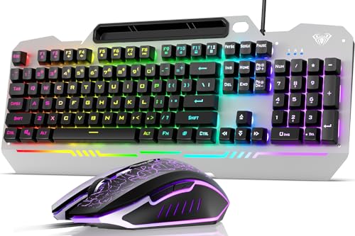 AULA Gaming Keyboard and Mouse,Wired 104-Key Mouse and Keyboard Combo Metal | Full Size Computer Keyboards with Number Pad,New Update Version,RGB Backlit Anti-Ghosting PC Keyboard for Laptop WinXP/7/8/10 - color: Black Keycaps + Silver Panel