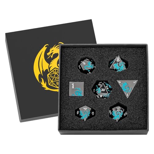 Metal Dice Set, Flat Face Black Blue Dragon Pattern, 7pcs Polyhedral Metal DND Dice Set, DND Starter Set, D&D Gifts with Gift Box, Role Playing Board Games Accessories, Black - color: Black +Blue