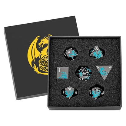 Metal Dice Set, Flat Face Black Blue Dragon Pattern, 7pcs Polyhedral Metal DND Dice Set, DND Starter Set, D&D Gifts with Gift Box, Role Playing Board Games Accessories, Black - color: Black +Blue