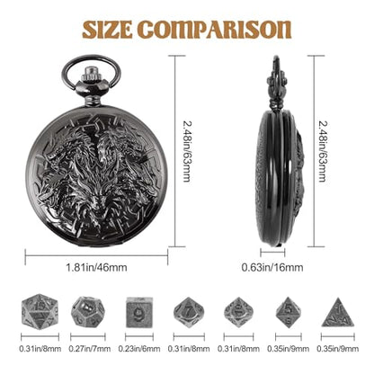 D&D Dice Set,7PCS Metal Dice for Dungeons and Dragons,Mini Dice Set with Pocket Watch Case,Role Playing Board Games Accessories (Dragon, Black) - color: Black, style: Dragon