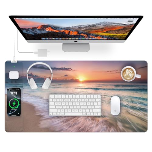 Wireless Charging Mouse Pad, 31.5"x15.8" in, Beach Sunset | Anti-Fray Stitched Edges, Waterproof Premium Textured Surface, Non-Slip Rubber Base, with 20W PD Adapter - color: Sunset Beach-31.5"x15.8"(with Wall Charger)