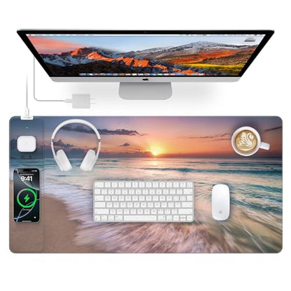 Wireless Charging Mouse Pad, 31.5"x15.8" in, Beach Sunset | Anti-Fray Stitched Edges, Waterproof Premium Textured Surface, Non-Slip Rubber Base, with 20W PD Adapter - color: Sunset Beach-31.5"x15.8"(with Wall Charger)