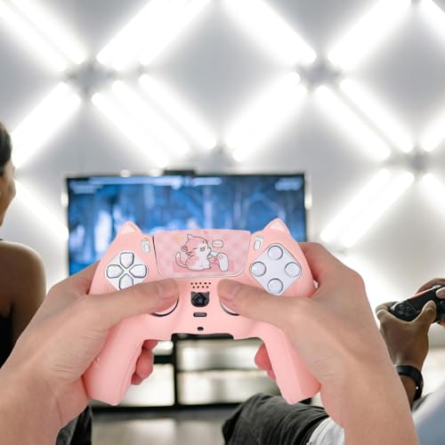 Pink Controller Skin Set for PS5, Cute Cat Paw Anti-Slip Silicone Cover Case for PS5 Wireless Controller Accessories Protective Shell with Thumb Grips & Touchpad Sticker, Girls Gamer Gifts