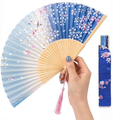 Japanese Folding Hand Fan for Women - Bamboo Silk Handheld Foldable Fan with Tassel & Pouch for Hot Flashes, Rave, Church, Gift,Wedding - Whisper-Quiet, Purse Size (Blue) - color: Blue