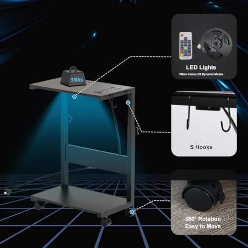 CPU Tower Stand, Rolling Holder with LED Strip & Charging Station | Mobile Rolling CPU Holder,Height Adjustable PC Tower Stand with Charging Station for Office Home Black - color: Black, size: 19.29'' × 11.42'