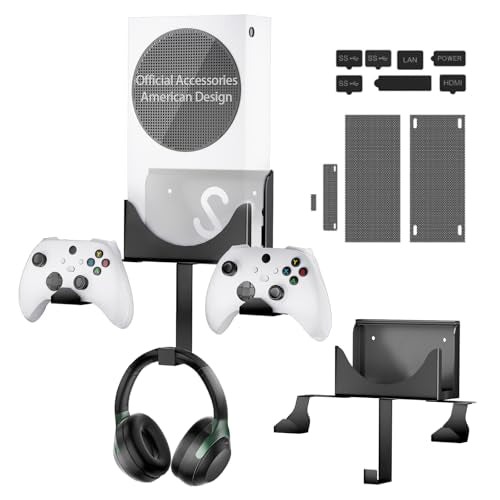 Wall Mount Kit with Detachable 2 Controller Holder & 1 Headphone Hanger & Dust Plugs Net Kits, Metal Wall Mount Stand Compatible with Xbox Series S, Black - color: Black