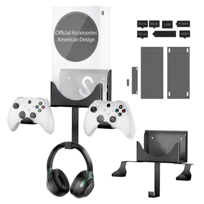 Wall Mount Kit with Detachable 2 Controller Holder & 1 Headphone Hanger & Dust Plugs Net Kits, Metal Wall Mount Stand Compatible with Xbox Series S, Black - color: Black