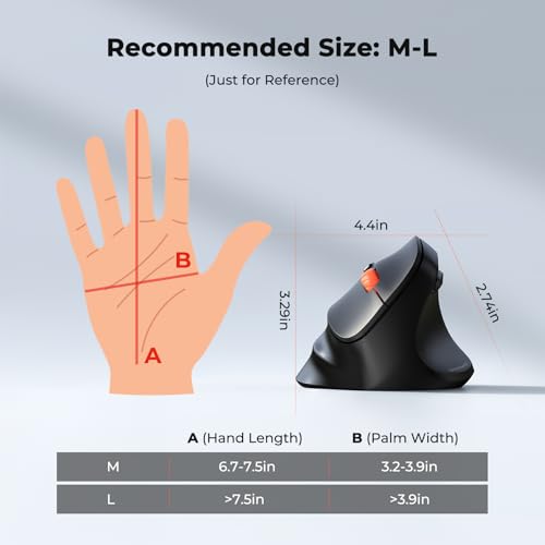 MEETION Wireless Ergonomic Vertical Mouse, Bluetooth & 2.4G, Large | Connects up to 3 devices with dual Bluetooth 5.3 and 2.4G, adjustable 1200-3200 DPI, designed for large hands, Windows/Mac/PC - color: Right Black Batt