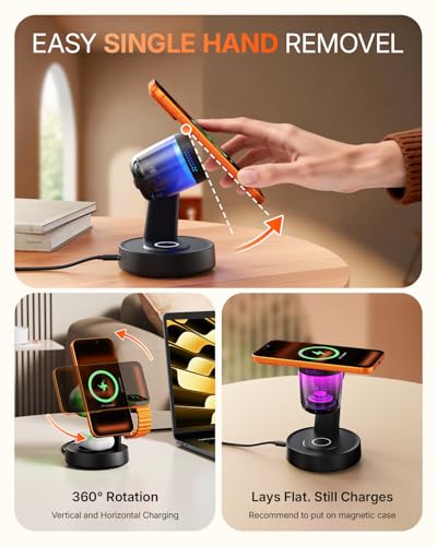 Qi2.2 25W Fast Wireless Charger Design for MagSafe Charger for iPhone 17/16/S26 Ultra, 3 in 1 Magnetic Charging Station with Bluetooth Speaker & Light, Watch Charger Stand for Apple Watch, for Buds