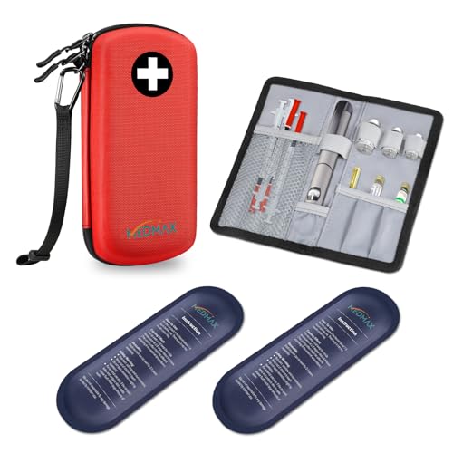 MEDMAX Hard Shell Insulin Cooler Travel Case with 2 Ice Pack, Shock Absorption Insulated Diabetic Medication Organizer Carrying Bag with Extra Pouch for Insulin Pen and Other Diabetic Supplies, Red - color: Red
