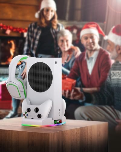Cooling Stand & Charge Station for Xbox Series S with RGB Light Strip,White | Dual Controller Charger & Cooler Fan for XSS Console Accessories with 2*1400mAH Rechargeable Battery Pack,1*Headphone Hook - color: White